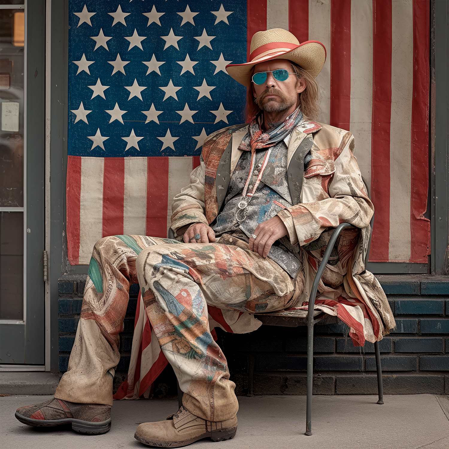 A photograph of an eccentric middle-aged caucasian cowboy sitting on the sidewalk in front of a store window filled with the American flag. He is wearing a suit covered with patches and embroidery, with long dusty blonde hair tucked under a straw hat and sunglasses. The cowboy is sitting on an old metal lawn chair. He is wearing mismatched work boots that are covered with dust. Generated with AI.