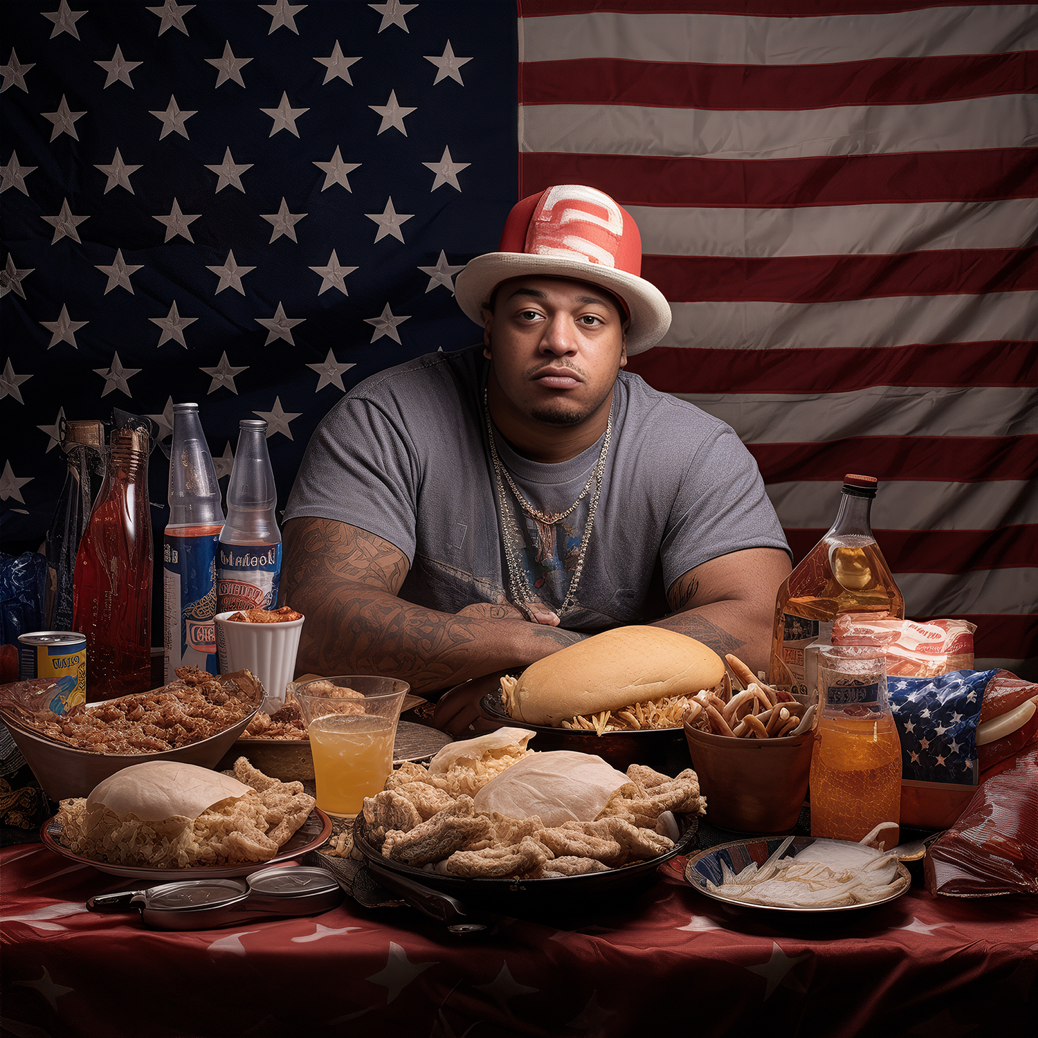 A studio photograph of a young overweight African American man wearing a red bowler style hat, sitting at his table with all-American food like hot dogs and chicken wings in front of him and what appear to be bottles of malt liquor. Behind him is a large U.S. flag. He wears a silver chain necklace around his neck, as well as a grey t-shirt. He has tattoos on his arms. Generated with AI.