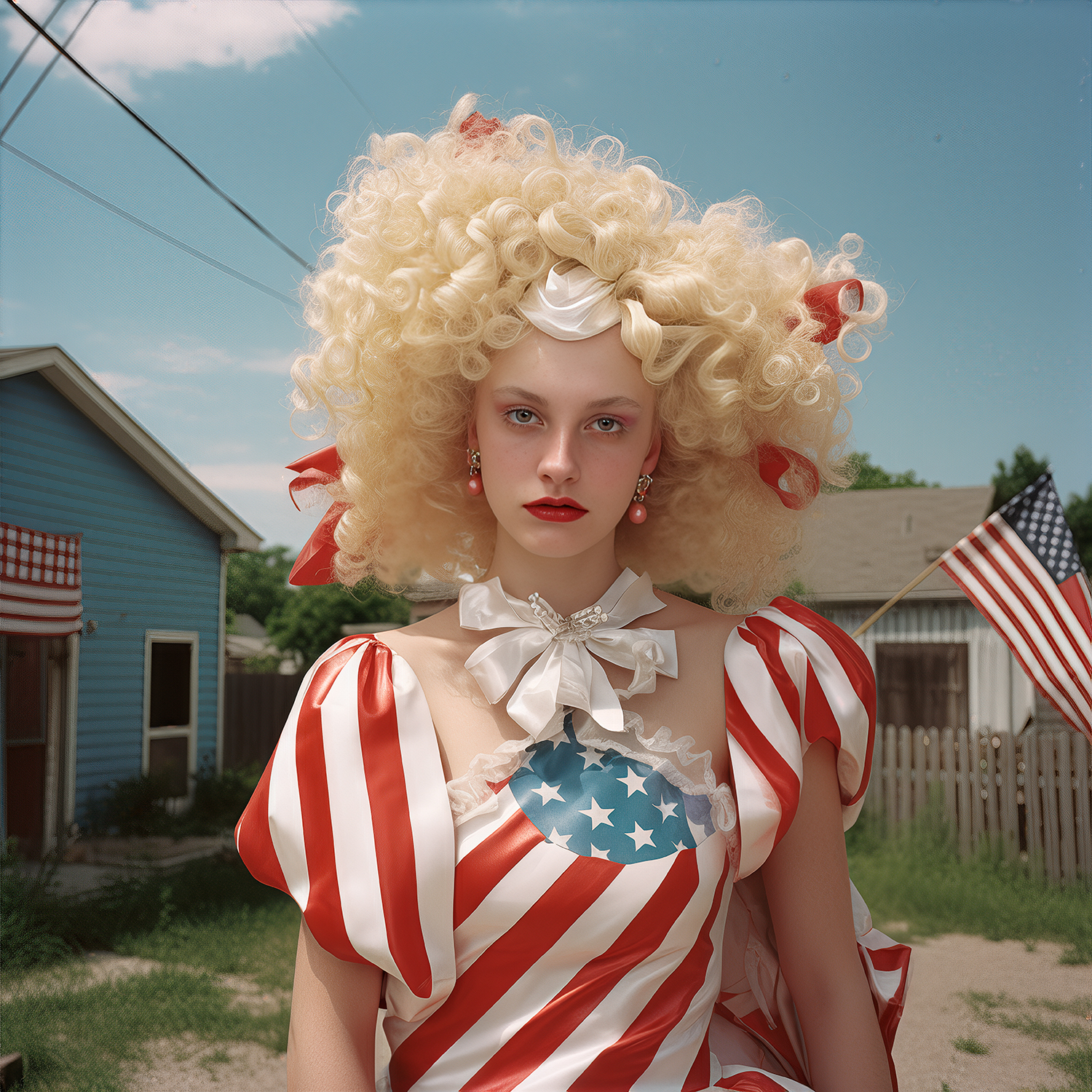 A young beautiful caucasian woman with big, curly blonde hair is dressed in an American flag dress, with red lipstick and a white bow tied around her neck. She is standing in the front yard of a house with American flags, in a suburban neighborhood. Generated with AI.