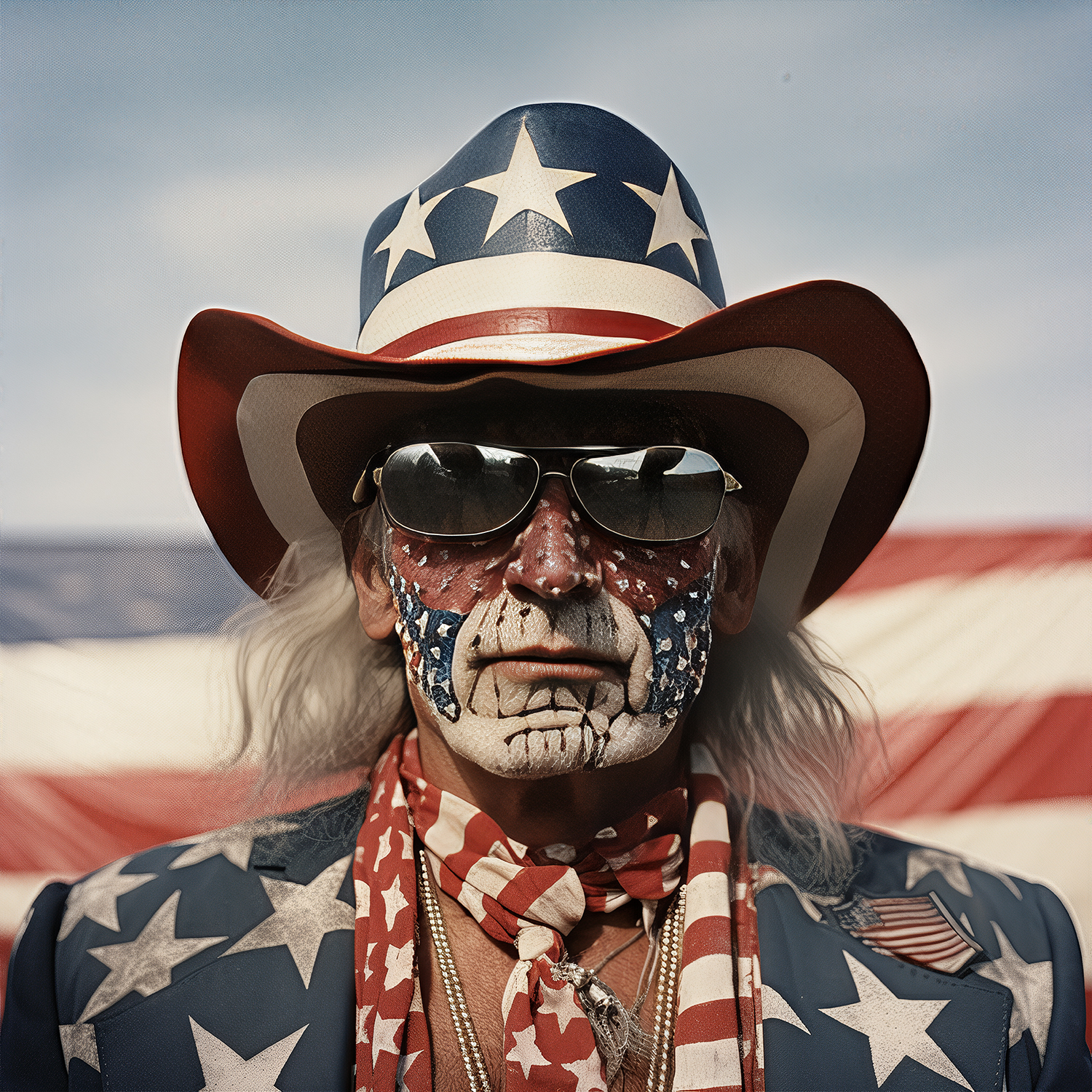 A portrait of an elderly Caucasian man wearing sunglasses and face paint in the pattern of the American flag. He is dressed in a red, blue, and white patterned suit inspired by the American flag, a cowboy hat also inspired by the American flag, and a large gold necklace, standing in front of a large American flag and clear blue sky in the background that is sightly out of focus. Generated with AI.