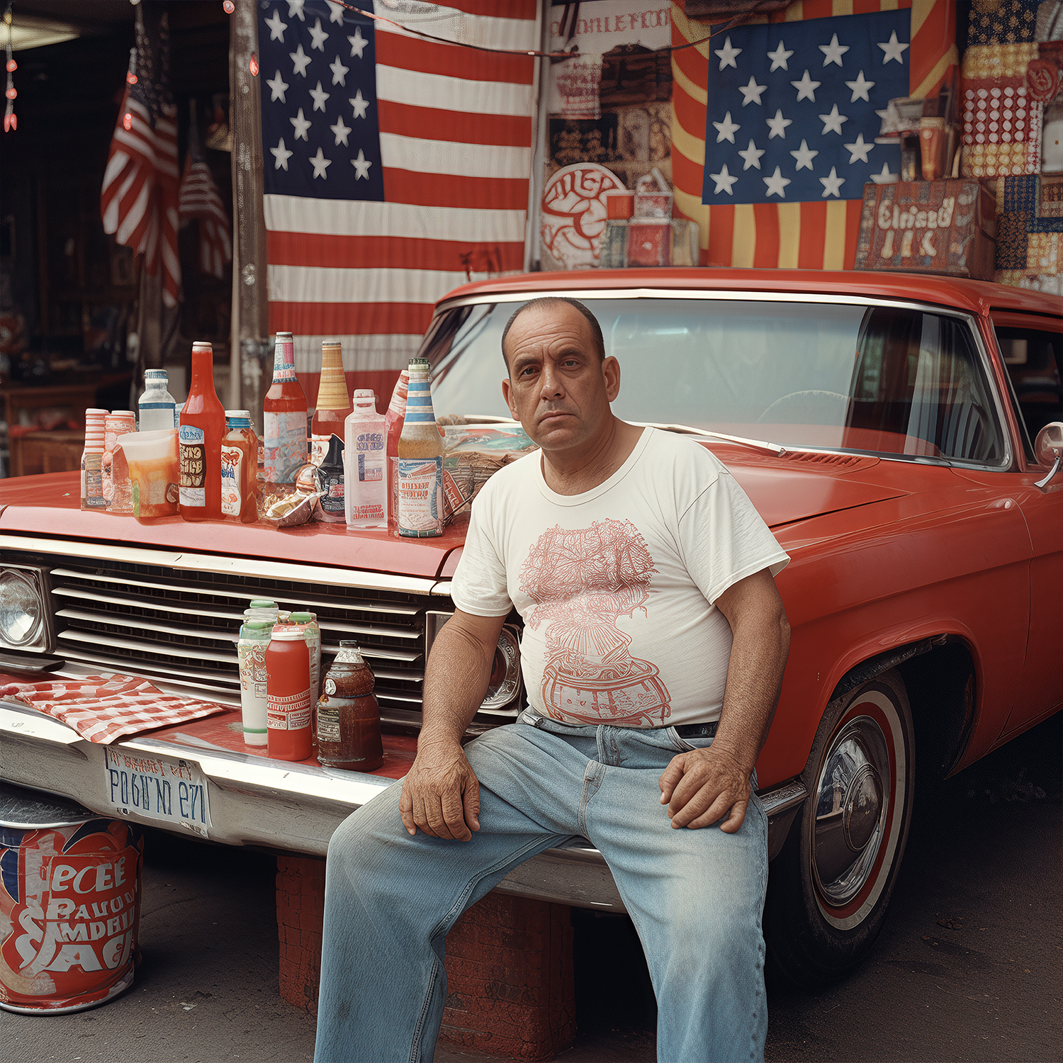 A balding middle-aged caucasian man with short black hair who is overweight and is wearing a white t-shirt with a red design on it that is tucked into his well-worn bluejeans. He sits on the hood of his red and white classic station wagon that appears to be form the 1960's with several bottles, cans, trash cans, and ketchup containers next to him in front of a store decorated for America's national holiday. Generated with AI.