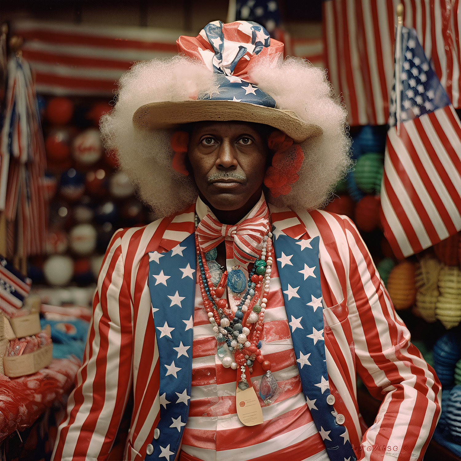 A portrait of a middle-aged African American man dressed in red, white, and blue with an American flag pattern. He wears several beaded necklaces that are white and red, and has a large hat made out of stars and stripes with a very large white afro enveloping the sides and top of his hat and resting on his shoulders, the afro is bright red directly next to his face. Behind him is a colorful toy shop filled with American flags and other brightly colored objects, the background is out of focus. Generated with AI.