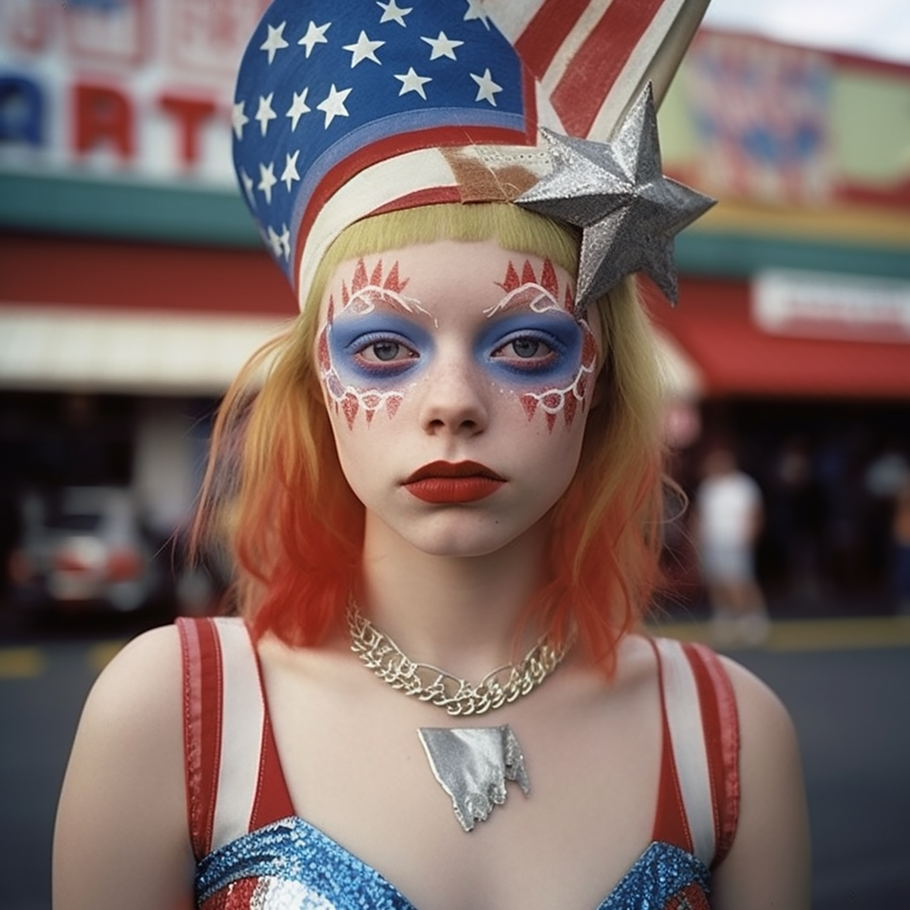 A young caucasian girl with red, white, and blue eye paint stands in front of an American-themed park entrance that's out of focus behind her. She wears a top hat decorated like the American flag, has yellow hair with red tips, red lipstick, and a silver and gold chain necklace. Generated with AI.