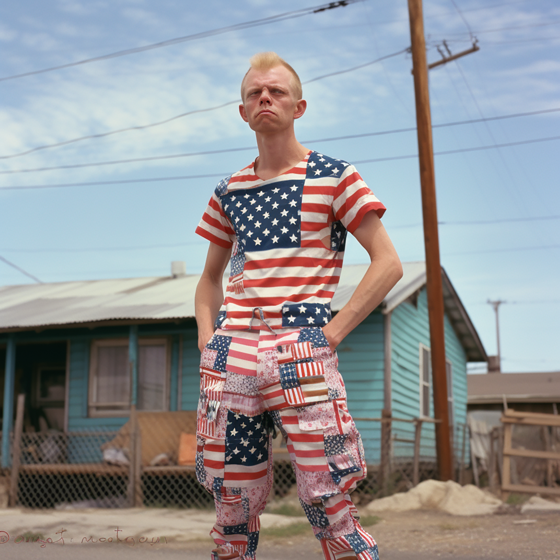 A young caucasian man with a short blonde mohawk, wearing an American flag shirt covered in patches and cargo pants with a patchwork of the American flag, stands on a street corner in front of his small blue house that is slightly out of focus. He is facing forward, looking at the camera with his hands thrust in his front pockets. Generated with AI.