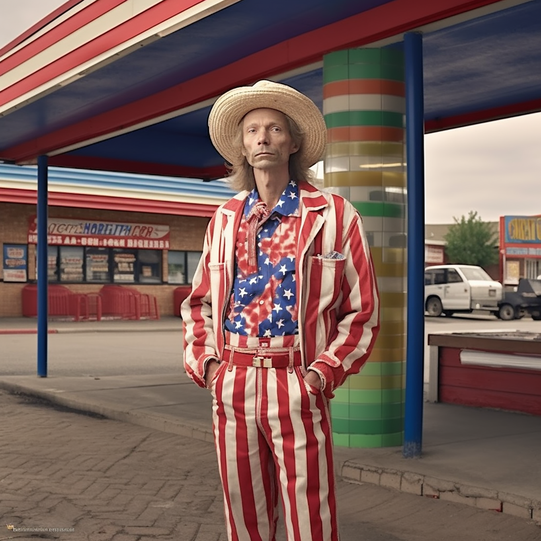 A man with long, light-colored hair and a serious expression stands in front of a retro-style gas station. He is wearing a bold red, white, and blue outfit featuring stars and stripes, reminiscent of the American flag. His ensemble includes a striped suit jacket and pants, a star-spangled shirt, a red tie, and a wide-brimmed straw hat. The background includes colorful pillars, a parked white SUV, and signage, giving the scene a nostalgic, Americana feel. Generated using AI.