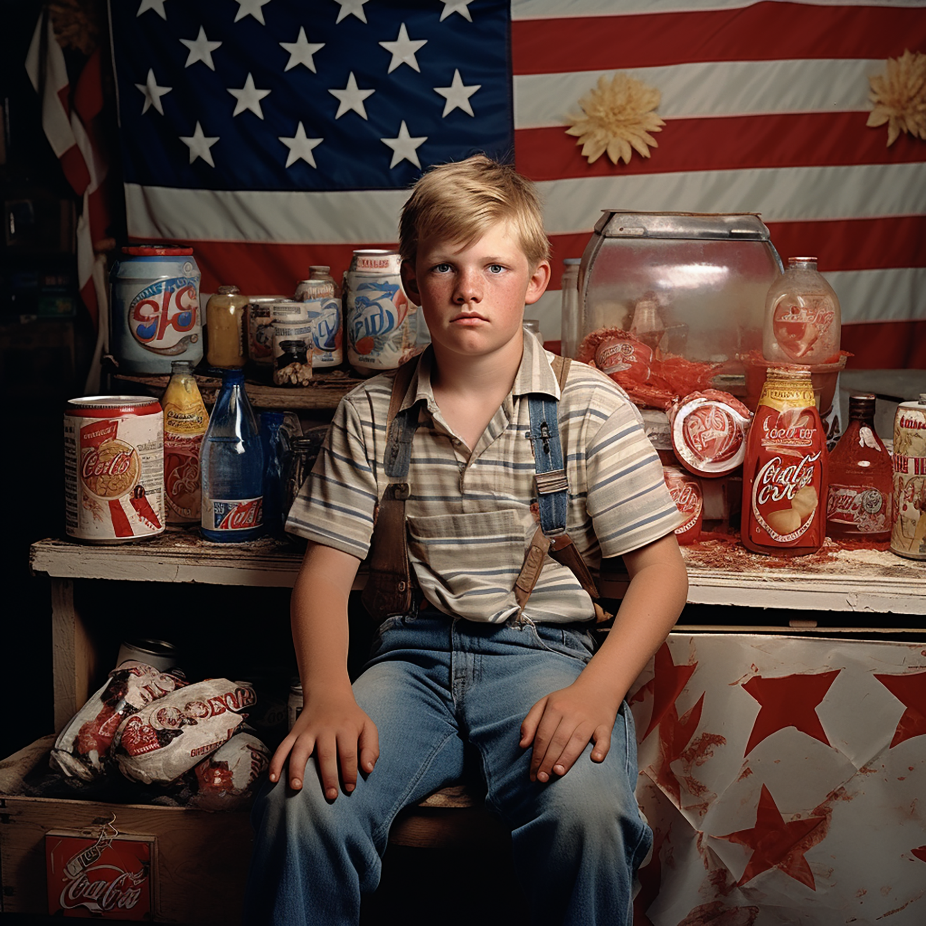 A young caucasian boy with blonde hair, wearing jeans and suspenders, sits in front of an old-fashioned store counter, surrounded by classic American products like Coca-Cola cans, milk cartons, candy bars, and gumball machines. The background features a large American flag, symbolizing strength and unity. This portrait captures his innocence as he gazes at the camera with curiosity, embodying the typical mid-20th-century fashion and photography style. Generated with AI.