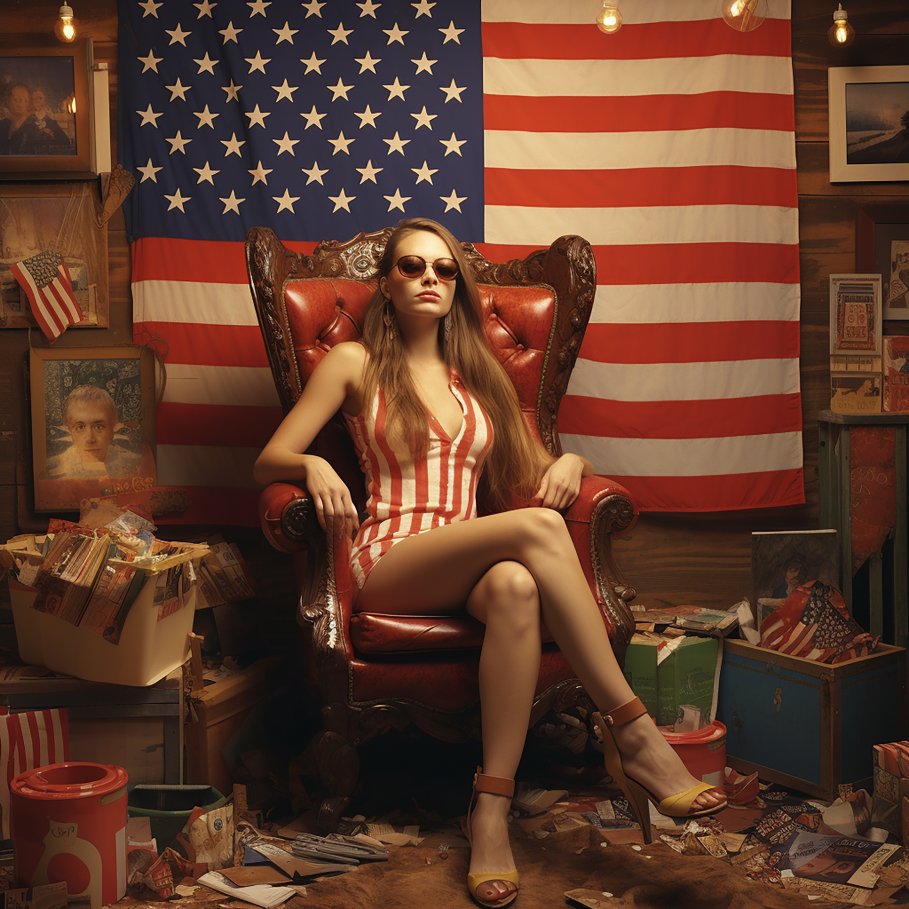 A beautiful young caucasian woman wearing sunglasses and a red and white striped short dress sits on an old leather chair in front of the American flag, surrounded by scattered boxes with mementos inside them. She has long brown hair, and is wearing high heels with an ankle strap and open toes. The room's walls have various art pieces hanging from them, while there is also some vintage furniture around her. A large frame displaying images related to America can be seen behind her and a giant American flag is on display. Generated with AI.