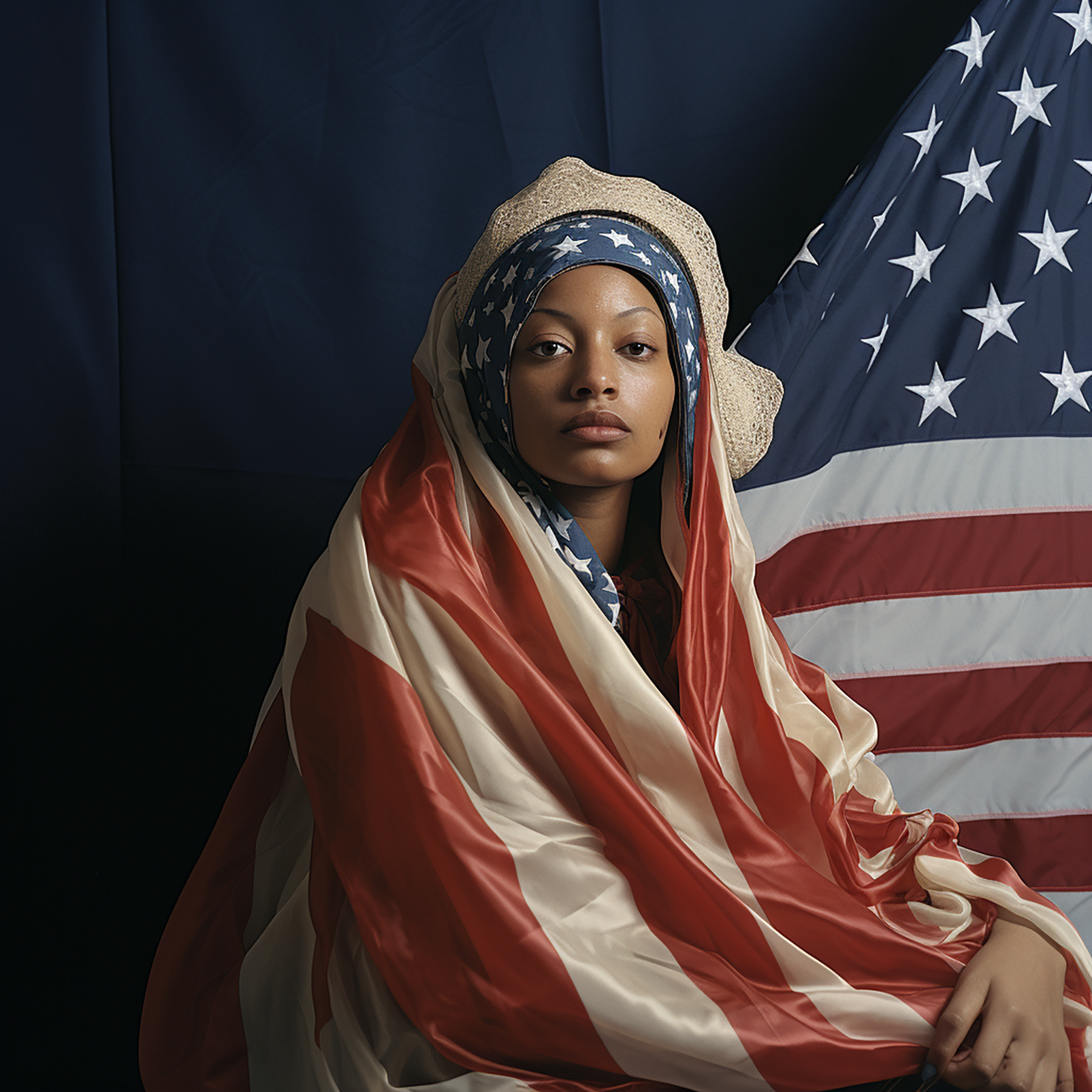 A portrait of a young African American woman wrapped in the American flag. She is wearing a headscarf and hat, she is sitting and leaning on her knees with one hand resting gently at her side. The background features a large American flag. The photograph was taken with studio lighting, and a cinematic style. Generated with AI.