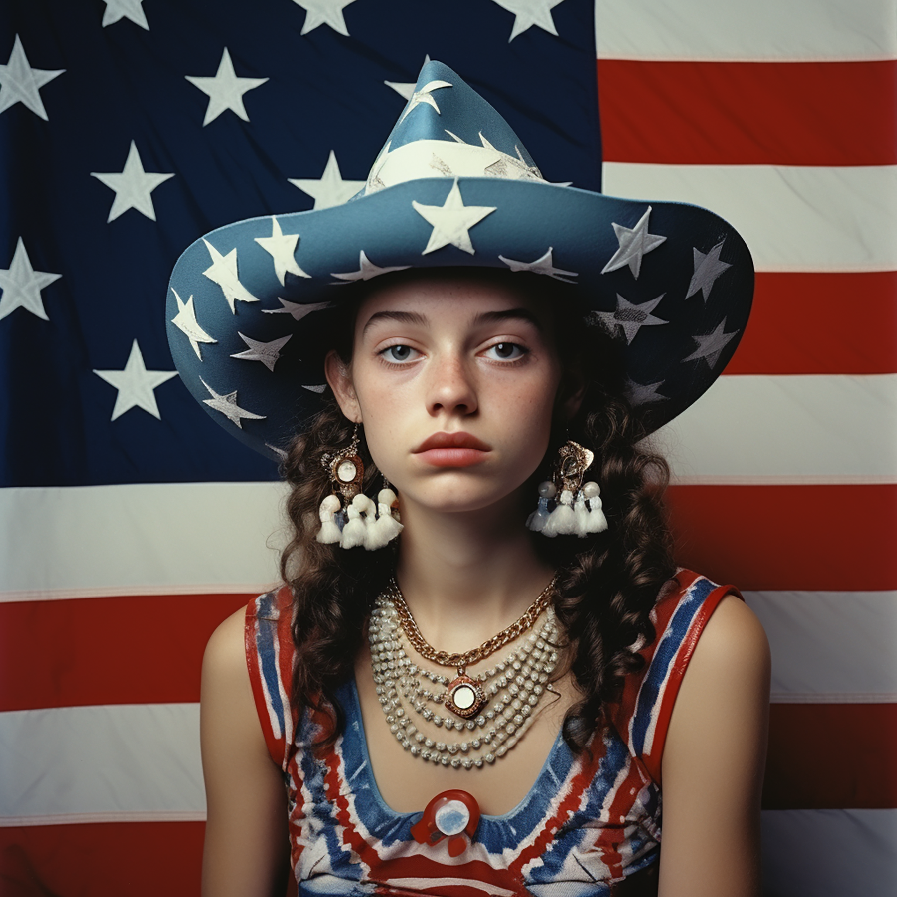 A photograph of a young American caucasian adolescent wearing pearl earrings with fuzzy bottoms and several plain necklaces, dressed in red white blue with stars on it, she is standing in front of the American flag, she has long brown hair and wears large hat made out of small flags. Generated with AI.