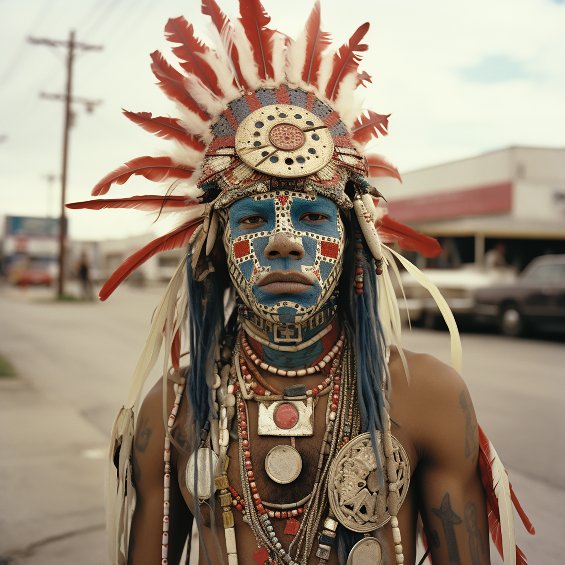 A young African American man wearing an Indian headdress with red and white feathers, and native style face paint stands on the street in front of a gas station that is out of focus. His skin is painted with blue, red, and white dots, like those of Native American warriors. He wears necklaces around his neck, made from various materials, including beads crafted by African women. He also wears several rings and bracelets. In one hand, he holds multiple paper masquerade masks. Generated with AI.