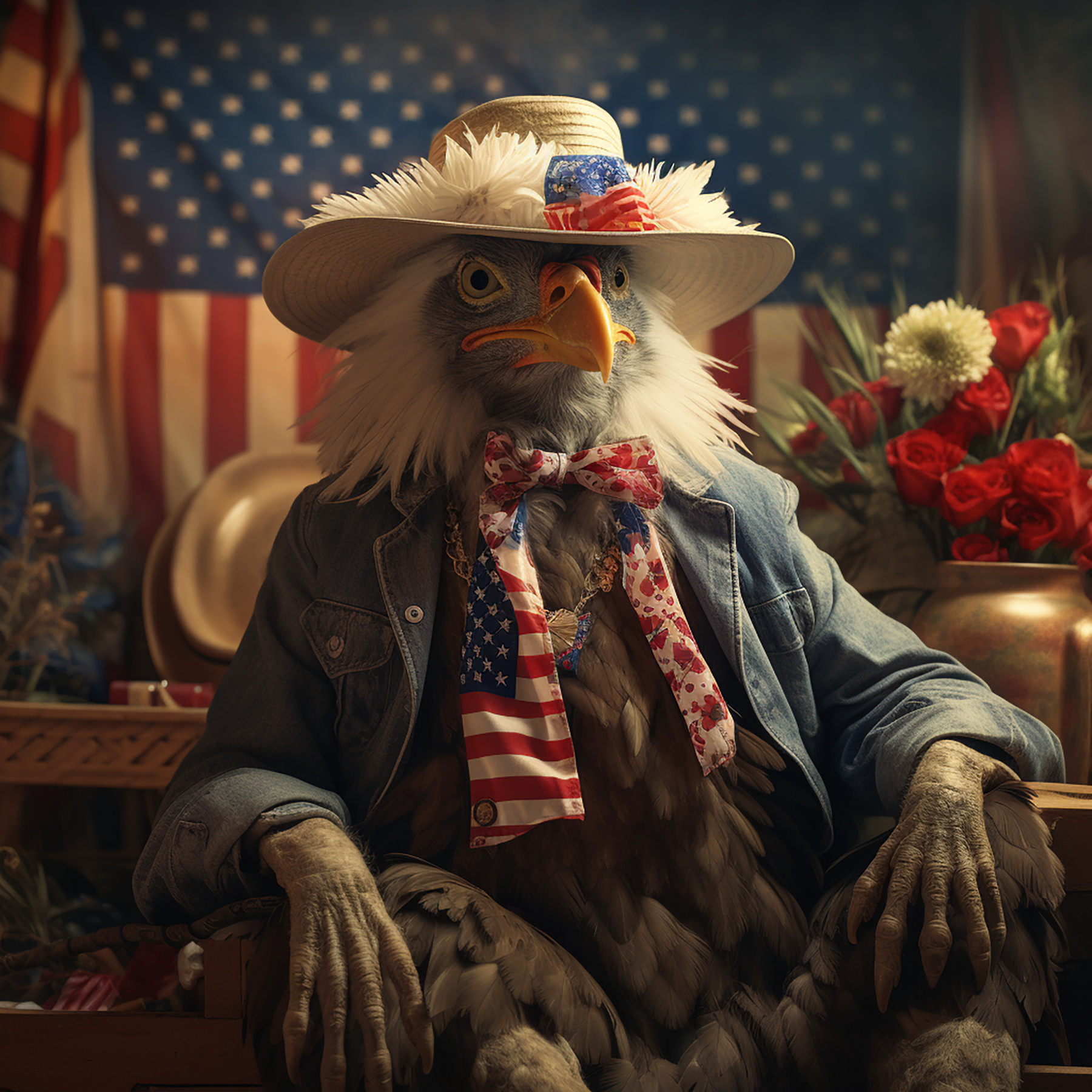 A bald eagle anthropomorphized as a dignified character sits in a patriotic setting, dressed in a denim jacket, a straw hat adorned with an American flag ribbon, and a bow tie with a matching stars-and-stripes pattern. The background features American flags, red and white flowers, and rustic decorations, creating a vintage Americana atmosphere. The eagle's intense gaze and regal posture add to the image’s striking and whimsical nature. Generated using AI.