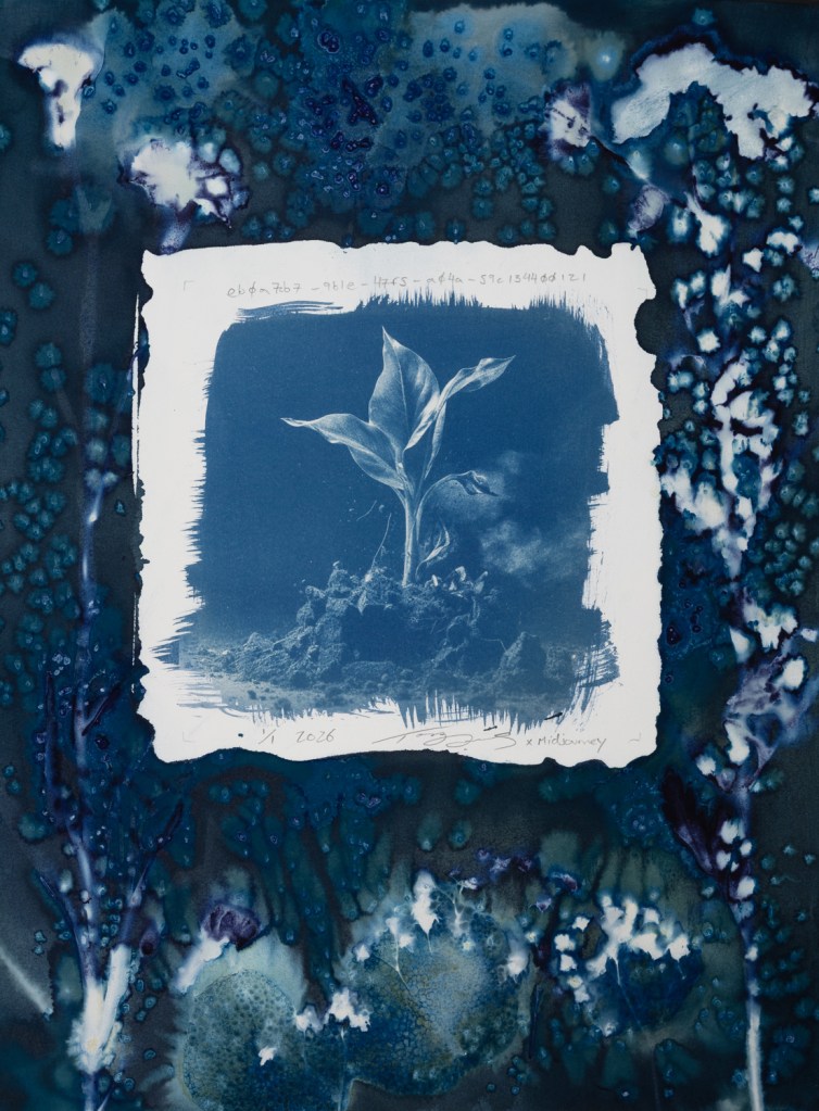 Handmade cyanotype prints on paper surrounded by handmade wet cyanotype prints of plants and flowers. The visual content includes photographic-looking images of a houseplant (that was generated using AI) surrounded by shadow prints of plants that were made with real plants and flowers. The print is predominantly blue with accents of yellow, brown, red, and pink. There is a white outline around the photographic-looking image that separates it from the shadow images of plants. The shadow images of plants are printed flush to the border of the paper. There are handwritten titles that are long strings of numbers and text separated by dashes. The print is numbered 1/1 and dated 2026. The print is signed by the artist Todd Dobbs x Midjourney.
