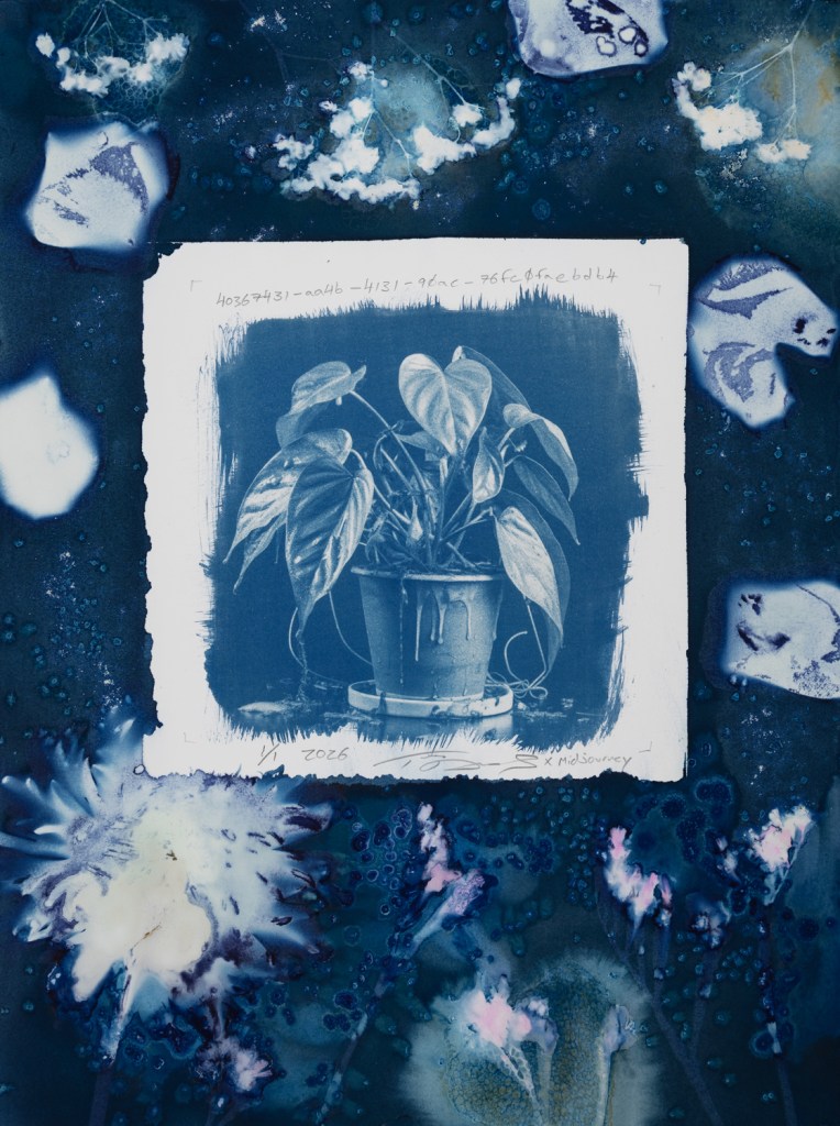 Handmade cyanotype prints on paper surrounded by handmade wet cyanotype prints of plants and flowers. The visual content includes photographic-looking images of a houseplant (that was generated using AI) surrounded by shadow prints of plants that were made with real plants and flowers. The print is predominantly blue with accents of yellow, brown, red, and pink. There is a white outline around the photographic-looking image that separates it from the shadow images of plants. The shadow images of plants are printed flush to the border of the paper. There are handwritten titles that are long strings of numbers and text separated by dashes. The print is numbered 1/1 and dated 2026. The print is signed by the artist Todd Dobbs x Midjourney.