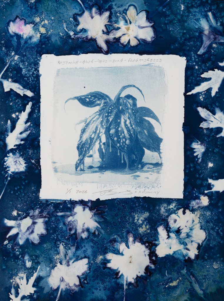 Handmade cyanotype prints on paper surrounded by handmade wet cyanotype prints of plants and flowers. The visual content includes photographic-looking images of a houseplant (that was generated using AI) surrounded by shadow prints of plants that were made with real plants and flowers. The print is predominantly blue with accents of yellow, brown, red, and pink. There is a white outline around the photographic-looking image that separates it from the shadow images of plants. The shadow images of plants are printed flush to the border of the paper. There are handwritten titles that are long strings of numbers and text separated by dashes. The print is numbered 1/1 and dated 2026. The print is signed by the artist Todd Dobbs x Midjourney.