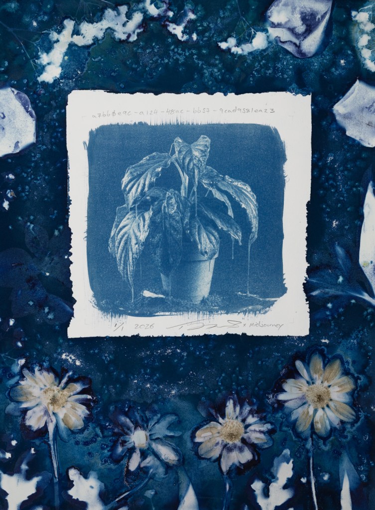 Handmade cyanotype prints on paper surrounded by handmade wet cyanotype prints of plants and flowers. The visual content includes photographic-looking images of a houseplant (that was generated using AI) surrounded by shadow prints of plants that were made with real plants and flowers. The print is predominantly blue with accents of yellow, brown, red, and pink. There is a white outline around the photographic-looking image that separates it from the shadow images of plants. The shadow images of plants are printed flush to the border of the paper. There are handwritten titles that are long strings of numbers and text separated by dashes. The print is numbered 1/1 and dated 2026. The print is signed by the artist Todd Dobbs x Midjourney.
