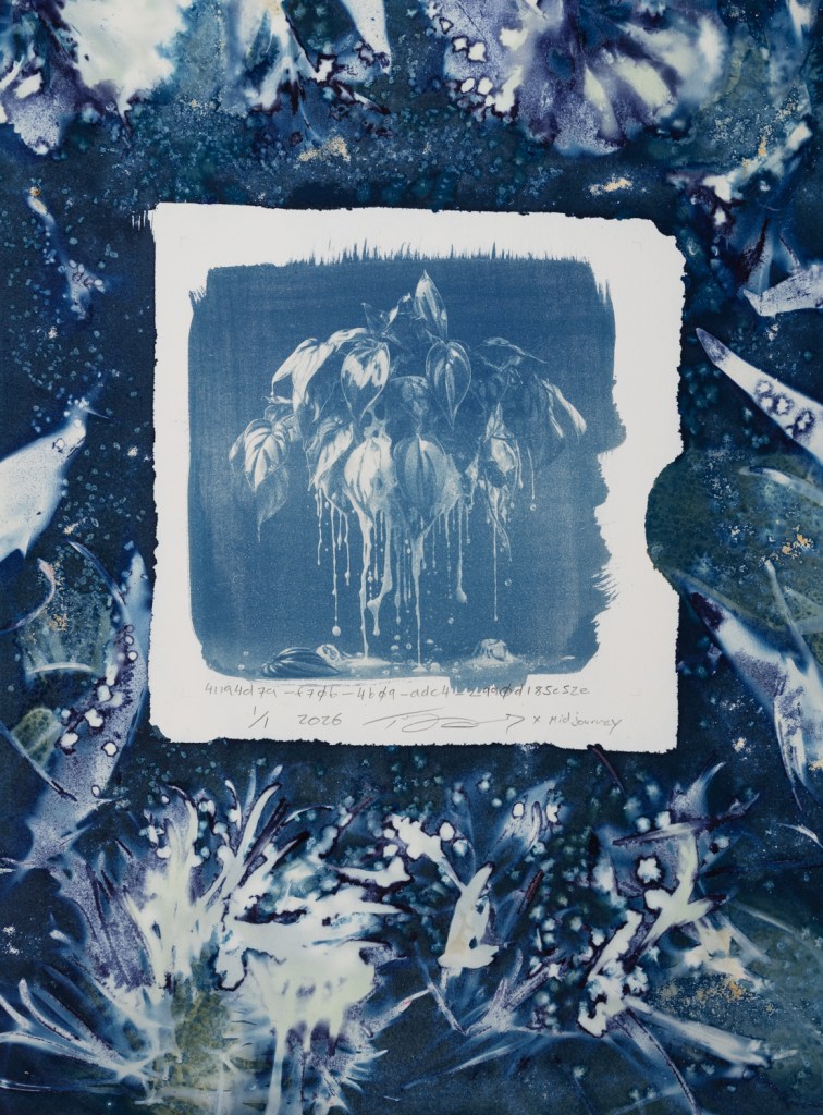 Handmade cyanotype prints on paper surrounded by handmade wet cyanotype prints of plants and flowers. The visual content includes photographic-looking images of a houseplant (that was generated using AI) surrounded by shadow prints of plants that were made with real plants and flowers. The print is predominantly blue with accents of yellow, brown, red, and pink. There is a white outline around the photographic-looking image that separates it from the shadow images of plants. The shadow images of plants are printed flush to the border of the paper. There are handwritten titles that are long strings of numbers and text separated by dashes. The print is numbered 1/1 and dated 2026. The print is signed by the artist Todd Dobbs x Midjourney.