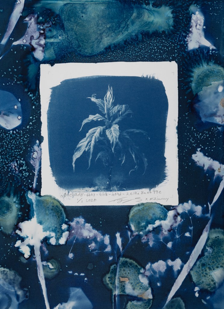 Handmade cyanotype prints on paper surrounded by handmade wet cyanotype prints of plants and flowers. The visual content includes photographic-looking images of a houseplant (that was generated using AI) surrounded by shadow prints of plants that were made with real plants and flowers. The print is predominantly blue with accents of yellow, brown, red, and pink. There is a white outline around the photographic-looking image that separates it from the shadow images of plants. The shadow images of plants are printed flush to the border of the paper. There are handwritten titles that are long strings of numbers and text separated by dashes. The print is numbered 1/1 and dated 2026. The print is signed by the artist Todd Dobbs x Midjourney.