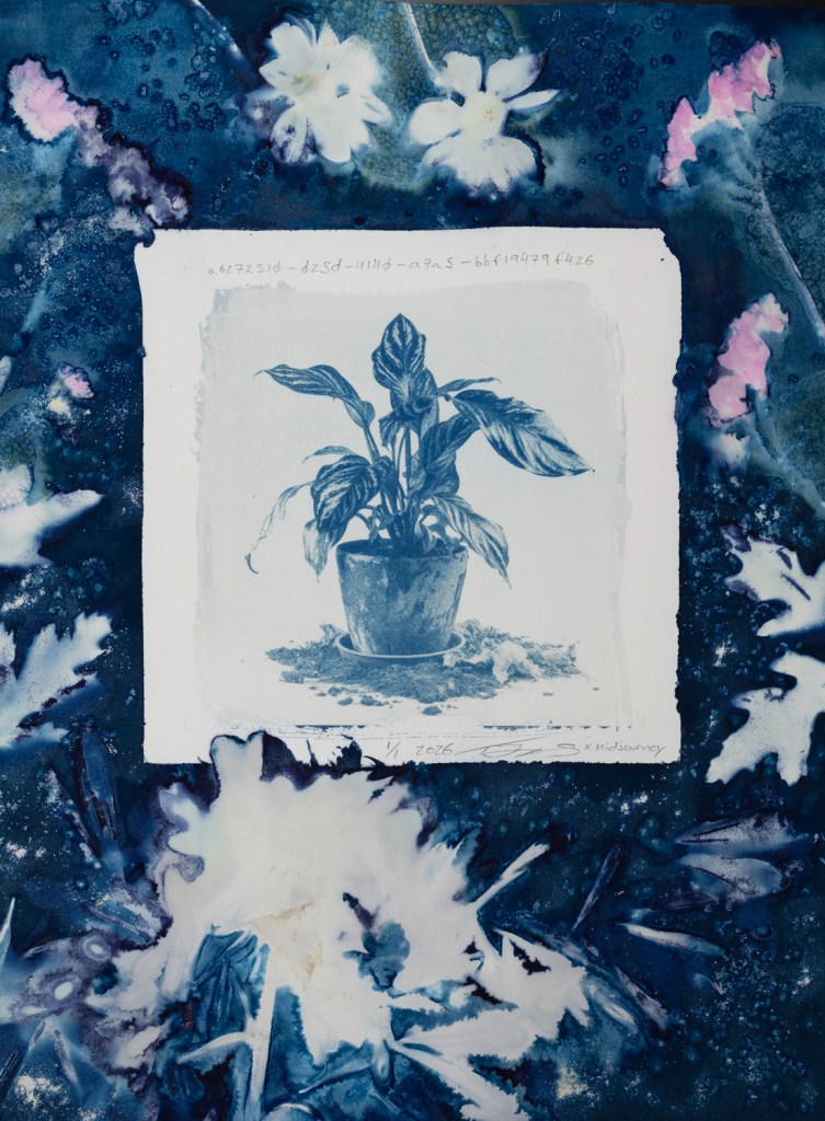 Handmade cyanotype prints on paper surrounded by handmade wet cyanotype prints of plants and flowers. The visual content includes photographic-looking images of a houseplant (that was generated using AI) surrounded by shadow prints of plants that were made with real plants and flowers. The print is predominantly blue with accents of yellow, brown, red, and pink. There is a white outline around the photographic-looking image that separates it from the shadow images of plants. The shadow images of plants are printed flush to the border of the paper. There are handwritten titles that are long strings of numbers and text separated by dashes. The print is numbered 1/1 and dated 2026. The print is signed by the artist Todd Dobbs x Midjourney.