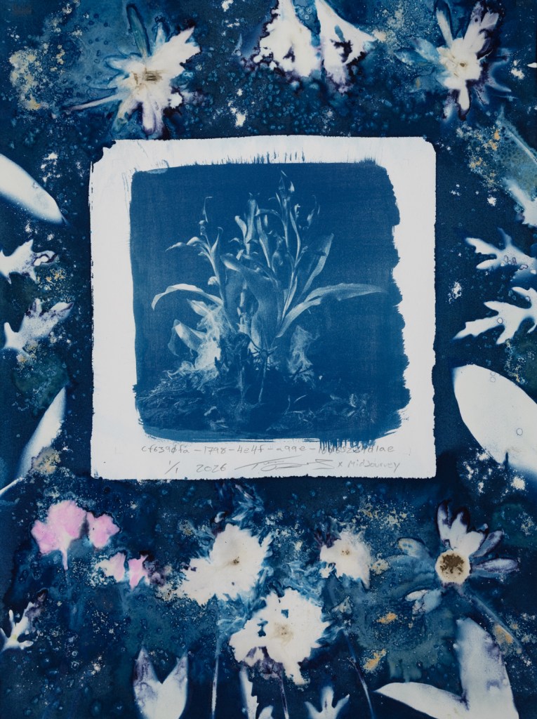 Handmade cyanotype prints on paper surrounded by handmade wet cyanotype prints of plants and flowers. The visual content includes photographic-looking images of a houseplant (that was generated using AI) surrounded by shadow prints of plants that were made with real plants and flowers. The print is predominantly blue with accents of yellow, brown, red, and pink. There is a white outline around the photographic-looking image that separates it from the shadow images of plants. The shadow images of plants are printed flush to the border of the paper. There are handwritten titles that are long strings of numbers and text separated by dashes. The print is numbered 1/1 and dated 2026. The print is signed by the artist Todd Dobbs x Midjourney.