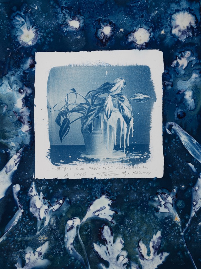 Handmade cyanotype prints on paper surrounded by handmade wet cyanotype prints of plants and flowers. The visual content includes photographic-looking images of a houseplant (that was generated using AI) surrounded by shadow prints of plants that were made with real plants and flowers. The print is predominantly blue with accents of yellow, brown, red, and pink. There is a white outline around the photographic-looking image that separates it from the shadow images of plants. The shadow images of plants are printed flush to the border of the paper. There are handwritten titles that are long strings of numbers and text separated by dashes. The print is numbered 1/1 and dated 2026. The print is signed by the artist Todd Dobbs x Midjourney.