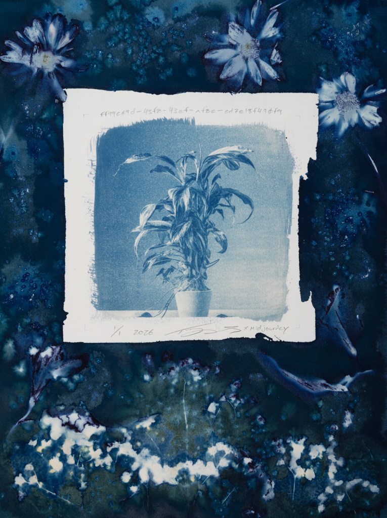 Handmade cyanotype prints on paper surrounded by handmade wet cyanotype prints of plants and flowers. The visual content includes photographic-looking images of a houseplant (that was generated using AI) surrounded by shadow prints of plants that were made with real plants and flowers. The print is predominantly blue with accents of yellow, brown, red, and pink. There is a white outline around the photographic-looking image that separates it from the shadow images of plants. The shadow images of plants are printed flush to the border of the paper. There are handwritten titles that are long strings of numbers and text separated by dashes. The print is numbered 1/1 and dated 2026. The print is signed by the artist Todd Dobbs x Midjourney.