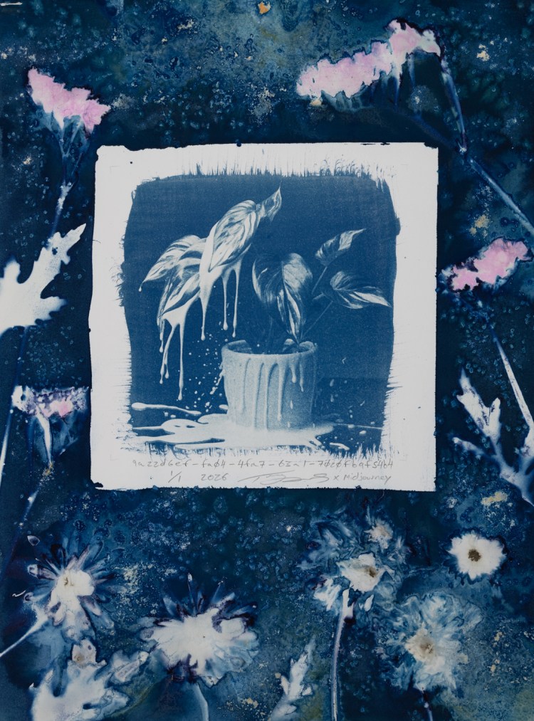Handmade cyanotype prints with wet cyanotype prints on paper surrounded by handmade wet cyanotype prints of plants and flowers. The visual content includes photographic-looking images of a houseplant (that was generated using AI) surrounded by shadow prints of plants that were made with real plants and flowers. The print is predominantly blue with accents of yellow, brown, red, and pink. There is a white outline around the photographic-looking image that separates it from the shadow images of plants. The shadow images of plants are printed flush to the border of the paper. There are handwritten titles that are long strings of numbers and text separated by dashes. The print is numbered 1/1 and dated 2026. The print is signed by the artist Todd Dobbs x Midjourney.