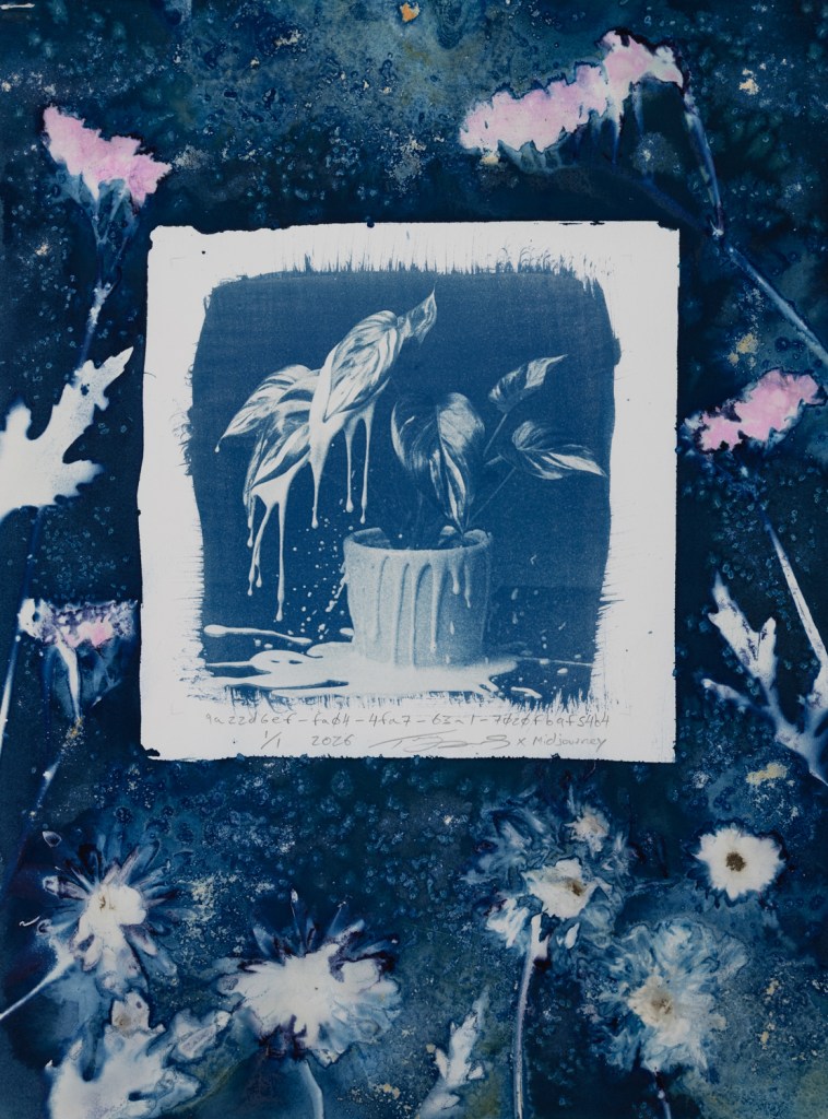 Handmade cyanotype prints on paper surrounded by handmade wet cyanotype prints of plants and flowers. The visual content includes photographic-looking images of a houseplant (that was generated using AI) surrounded by shadow prints of plants that were made with real plants and flowers. The print is predominantly blue with accents of yellow, brown, red, and pink. There is a white outline around the photographic-looking image that separates it from the shadow images of plants. The shadow images of plants are printed flush to the border of the paper. There are handwritten titles that are long strings of numbers and text separated by dashes. The print is numbered 1/1 and dated 2026. The print is signed by the artist Todd Dobbs x Midjourney.