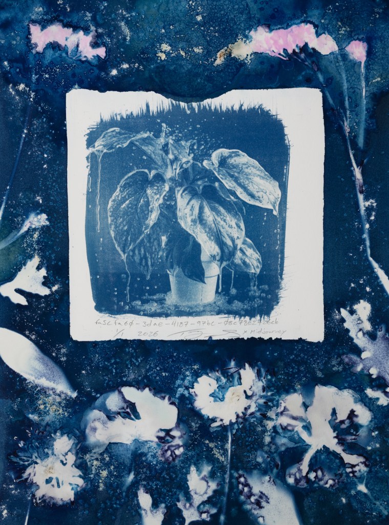 Handmade cyanotype prints on paper surrounded by handmade wet cyanotype prints of plants and flowers. The visual content includes photographic-looking images of a houseplant (that was generated using AI) surrounded by shadow prints of plants that were made with real plants and flowers. The print is predominantly blue with accents of yellow, brown, red, and pink. There is a white outline around the photographic-looking image that separates it from the shadow images of plants. The shadow images of plants are printed flush to the border of the paper. There are handwritten titles that are long strings of numbers and text separated by dashes. The print is numbered 1/1 and dated 2026. The print is signed by the artist Todd Dobbs x Midjourney.